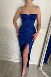 Sexy Langes Blaues Spaghettiträger Meerjungfrau Ärmelloses Ballkleid Mit Schlitz